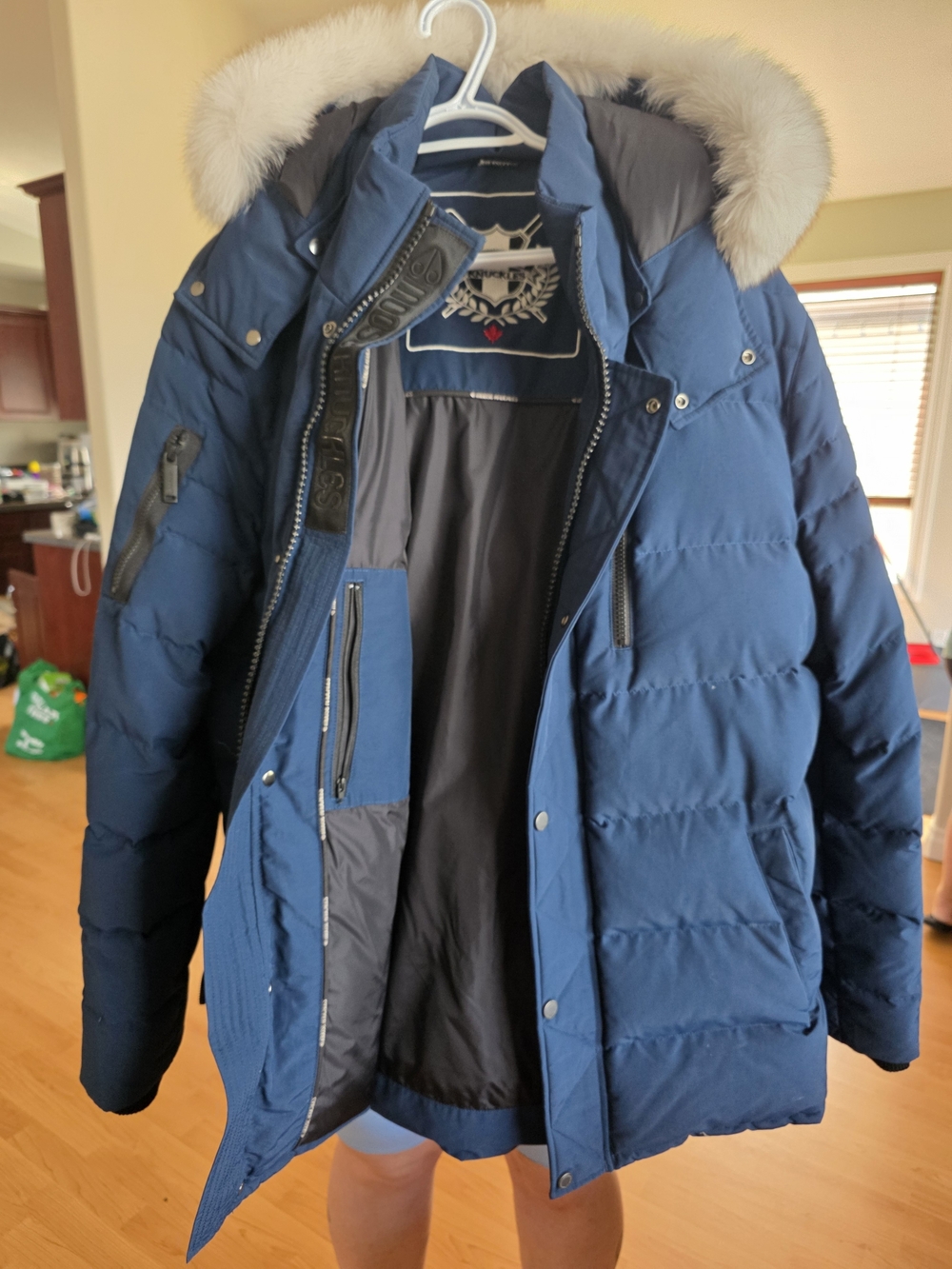 Moose Knuckles Men's Navy Blue Puffer Jacket with Fur-Trim Hood